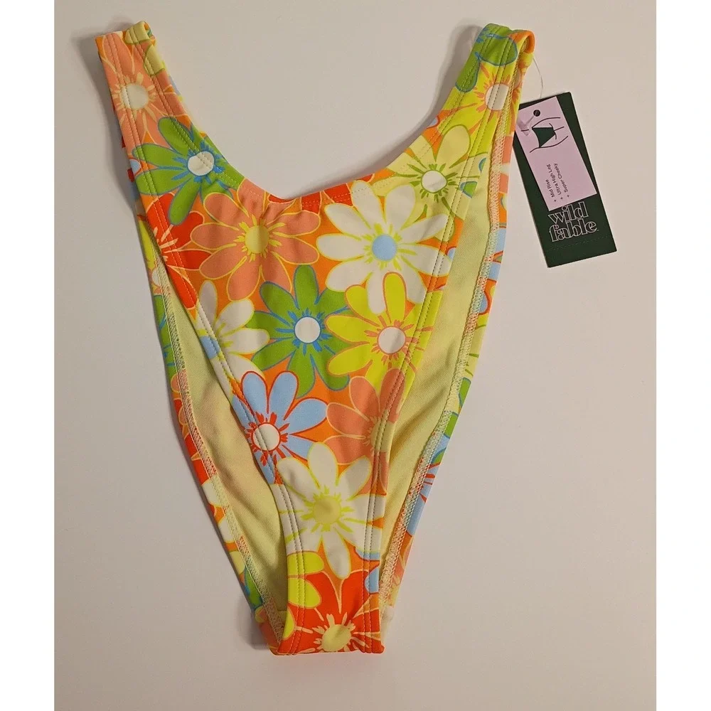 Wild Fable Mid-Rise Ultra High Leg Cheeky Bikini Bottom Floral‎ Colorful, S 4-6